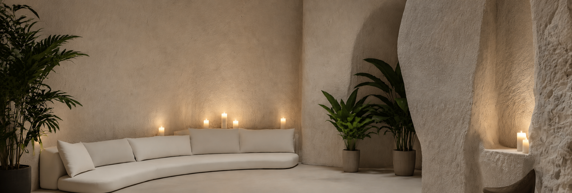 Serene candlelit interior with soft cushions and plants